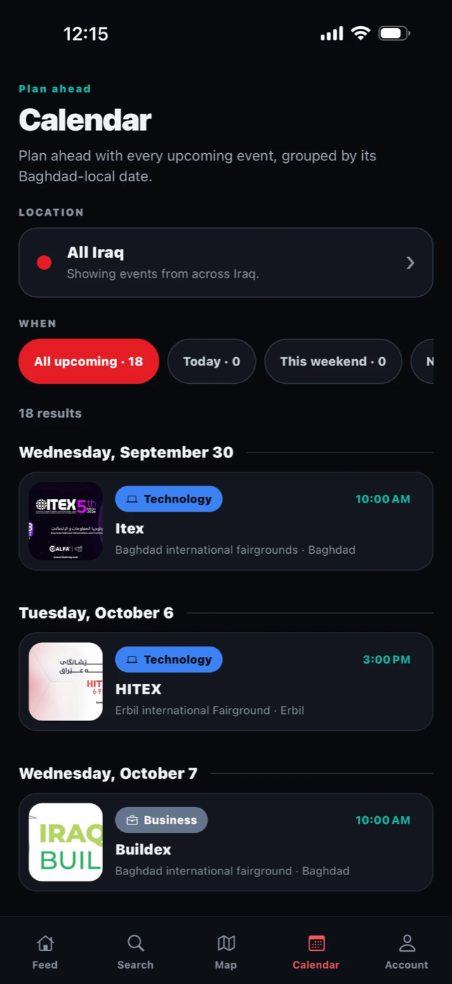 Calendar screen listing upcoming events grouped under their date, with All upcoming, Today and This weekend filters.
