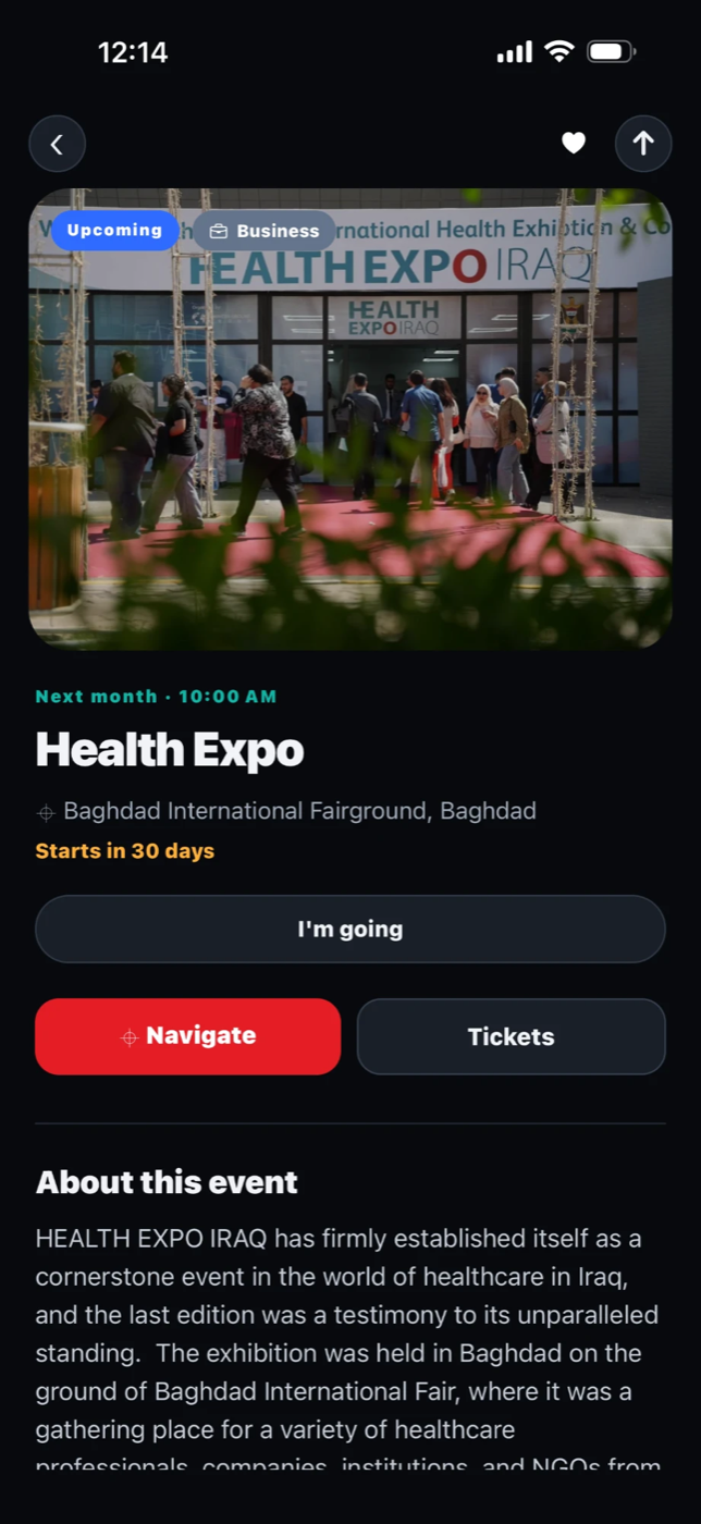 BAS Events event page for Health Expo in Baghdad: cover photo, start time, a countdown, and I&rsquo;m going, Navigate and Tickets buttons.