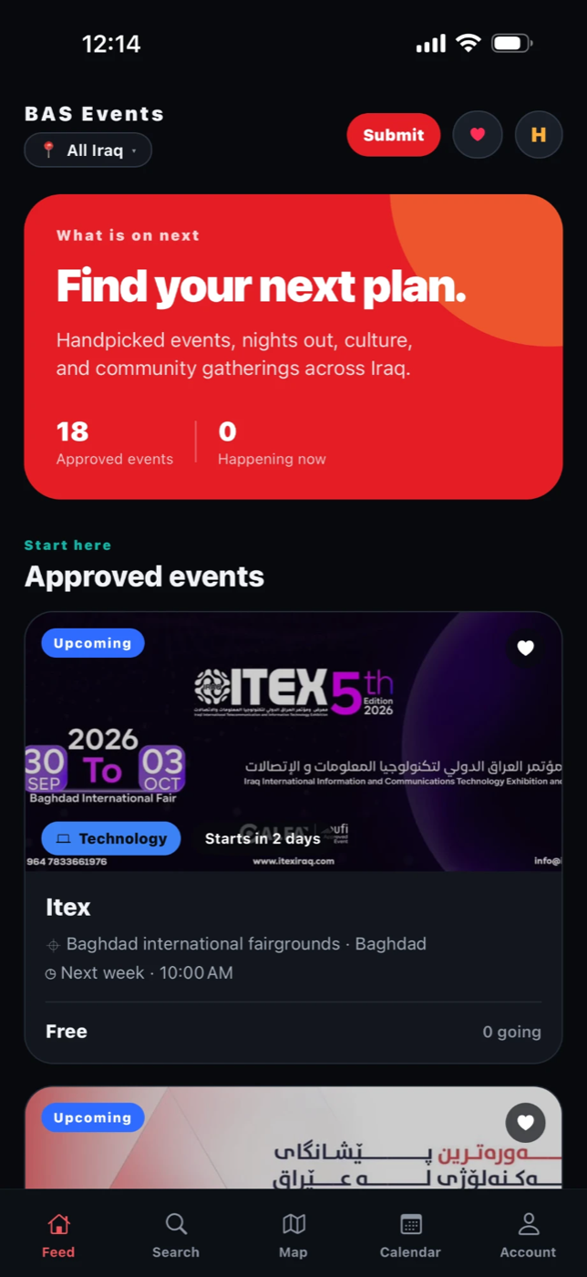 BAS Events home feed: a red "Find your next plan" card showing 18 approved events, above a list of upcoming events.