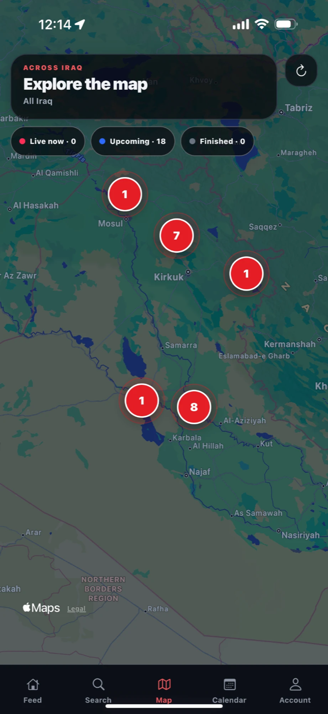 BAS Events map screen: red pins across Iraq, each showing how many events are in that area, with Live now, Upcoming and Finished filters.
